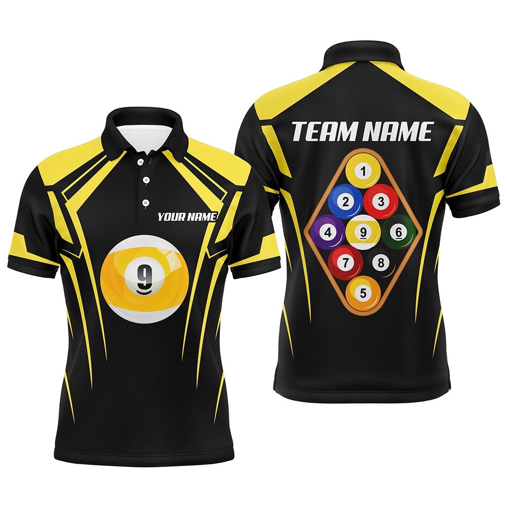 Black Yellow 9 Ball Pool 3D Polo Shirts, Custom Billiards 9 Ball Team Polo, Personalized Billiard Polo Shirt Black Yellow 9 Ball Pool 3D Polo Shirts, Custom Billiards 9 Ball Team Polo, Personalized Billiard Polo Shirt