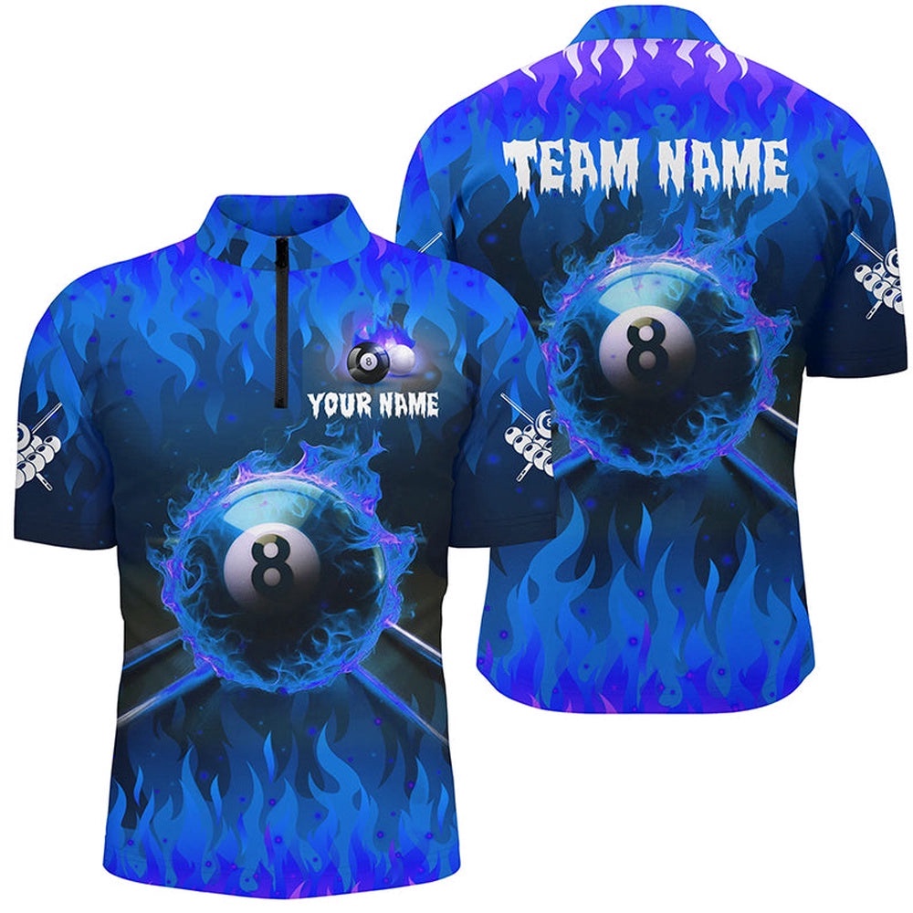 Blue 3D 8 Ball Pool & Cue Fire Jersey Shirts Custom Billiard Apparel, Personalized Billiard Team Jersey Shirt