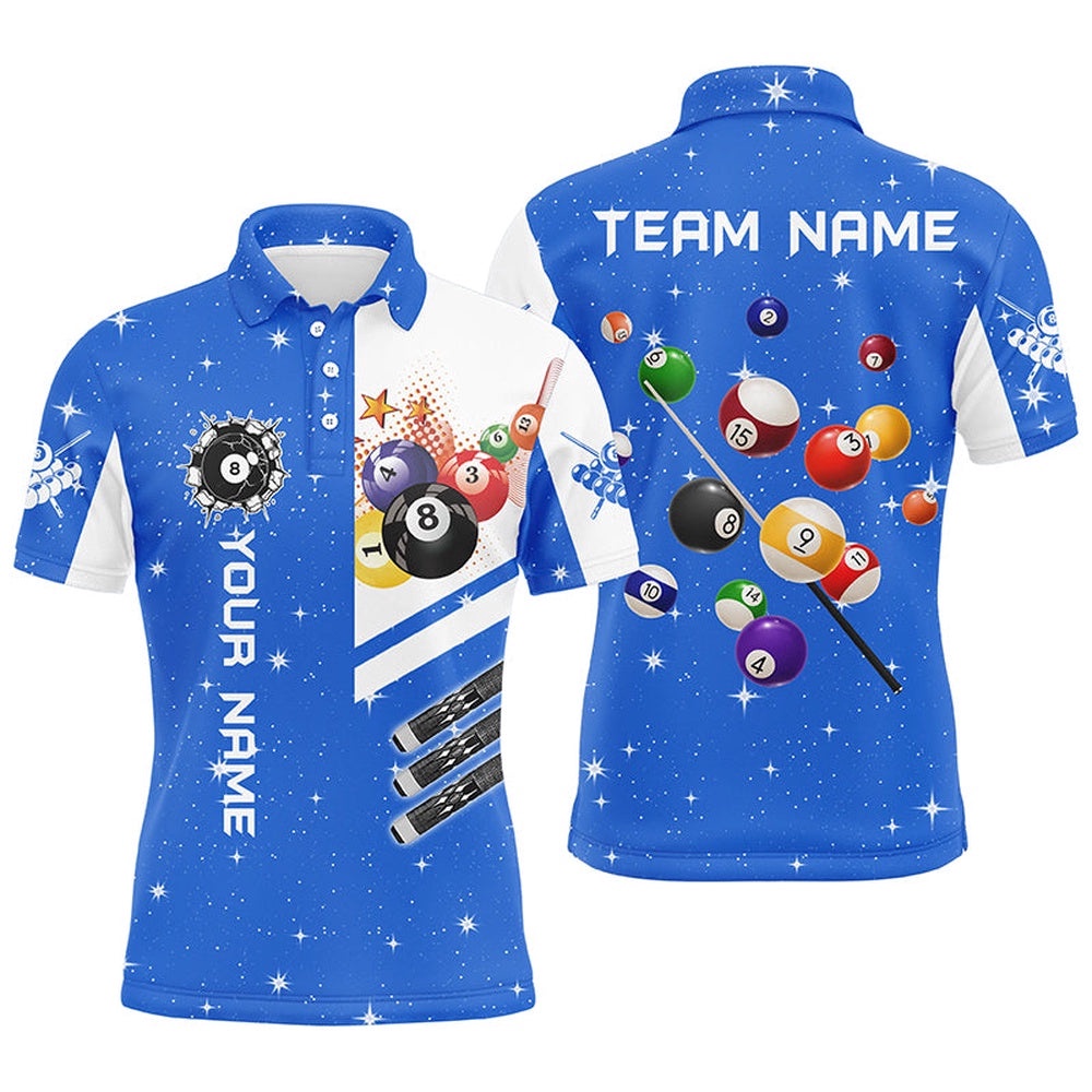 Blue 3D Billiard Balls Polo Shirts Custom Name Billiard Team League Polo, Personalized Billiard Polo Shirt