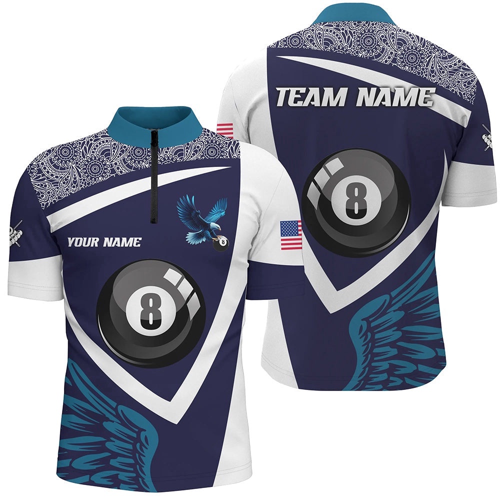 Blue 8 Ball Pool And Wings Custom Billiard Shirts, Billiard Pool Team Shirts, Personalized Billiard Team Jersey Shirt