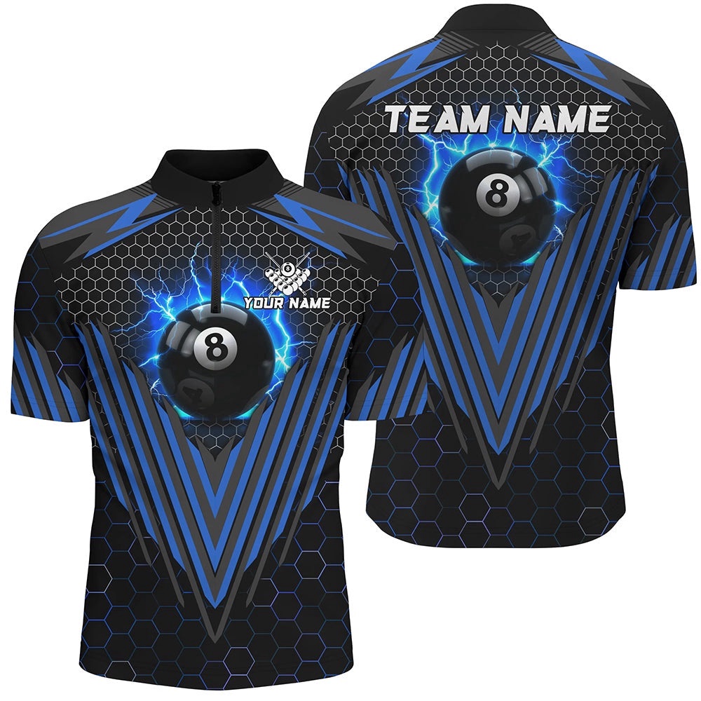 Blue 8 Ball Pool Lightning Custom Billiard Shirts, Team League Billiard Jersey, Personalized Billiard Team Jersey Shirt