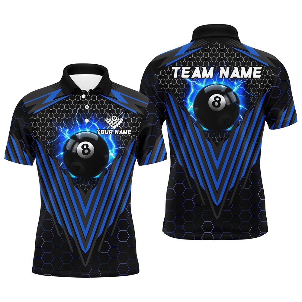 Blue 8 Ball Pool Lightning Custom Billiard Shirts, Team League Billiard Polo, Personalized Billiard Polo Shirt