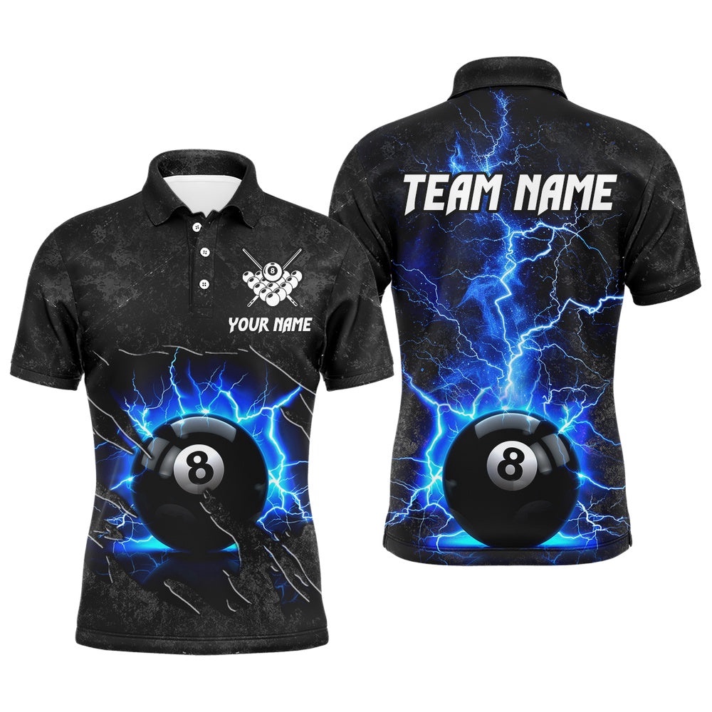 Blue 8 Ball Pool Thunder Lightning Custom Billiard Shirts, Team League Billiard Polo Uniform, Personalized Billiard Polo Shirt