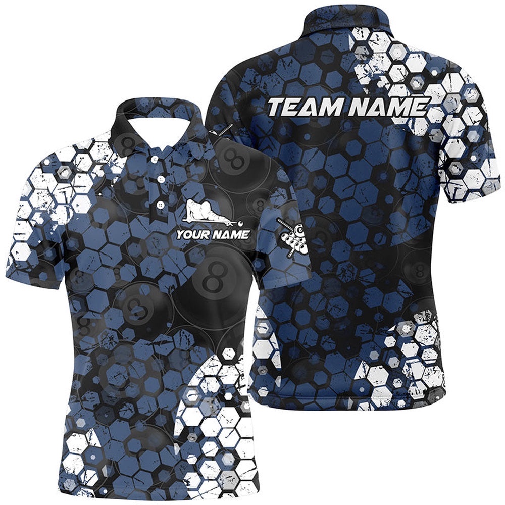 Blue And White Hive Billiard Shirts Custom Grunge Retro Billiard Polo, Personalized Billiard Polo Shirt