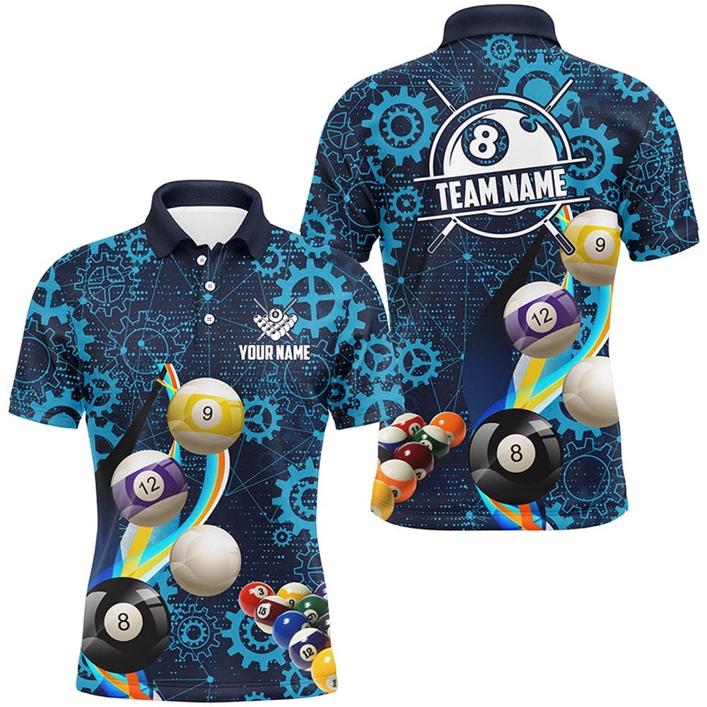 Blue Billiard Balls Gear Pattern Billiard Shirts Custom Colorful Billiard Polo, Personalized Billiard Polo Shirt