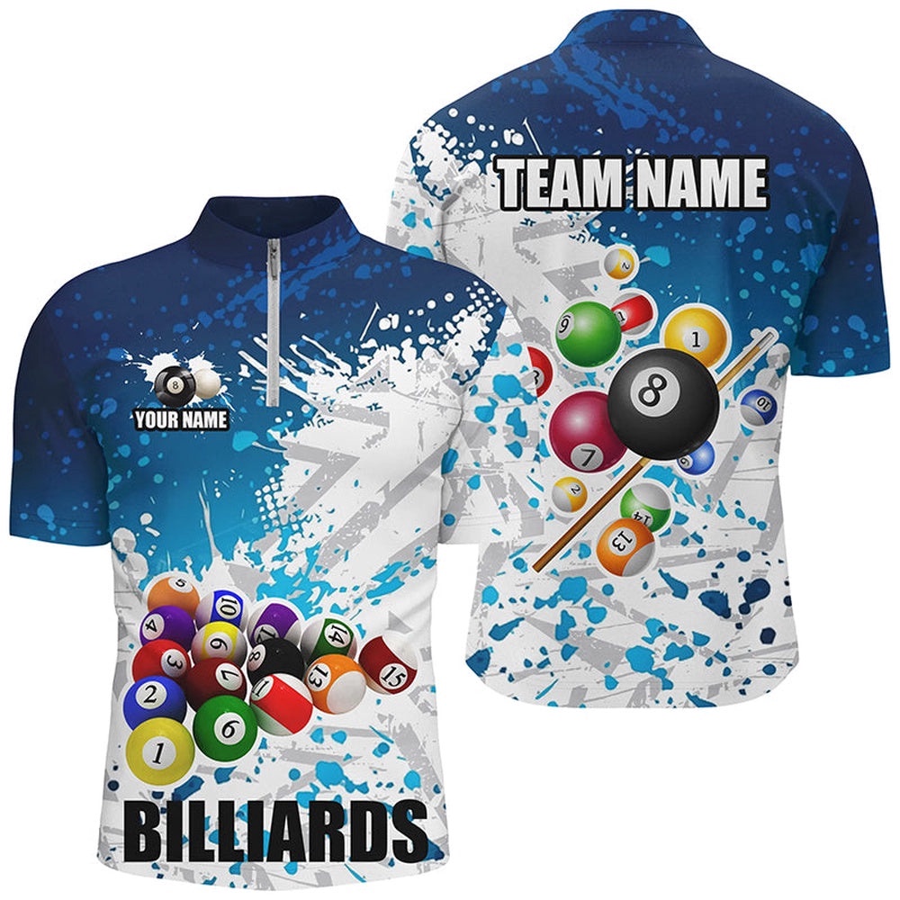 Blue Billiard Balls Paint Splash Billiard Shirts, 3D Billiard Jerseys Attire, Personalized Billiard Team Jersey Shirt