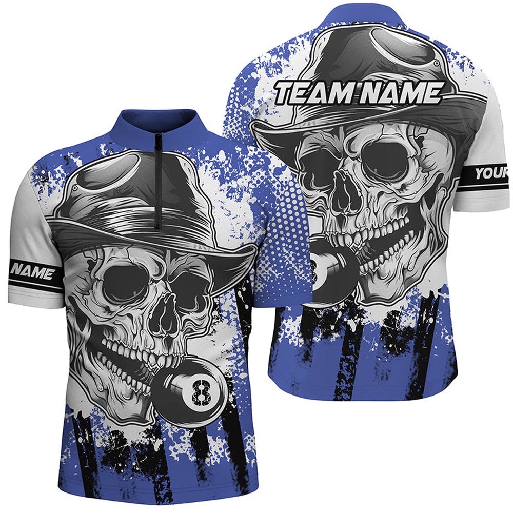 Blue Billiard Skull Holding 8 Ball Jersey Shirts Custom Billiard Jersey Attire, Personalized Billiard Team Jersey Shirt