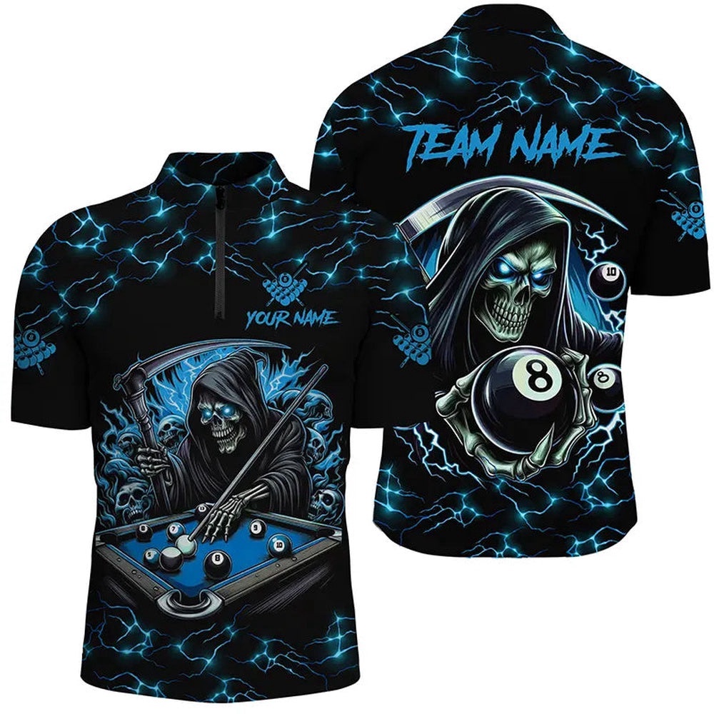 Blue Funny Death Skeleton 8 Ball Pool Billiard Shirts Custom Name Lightning Billiard Jerseys, Personalized Billiard Team Jersey Shirt Blue Funny Death Skeleton 8 Ball Pool Billiard Shirts Custom Name Lightning Billiard Jerseys, Personalized Billiard Team Jersey Shirt