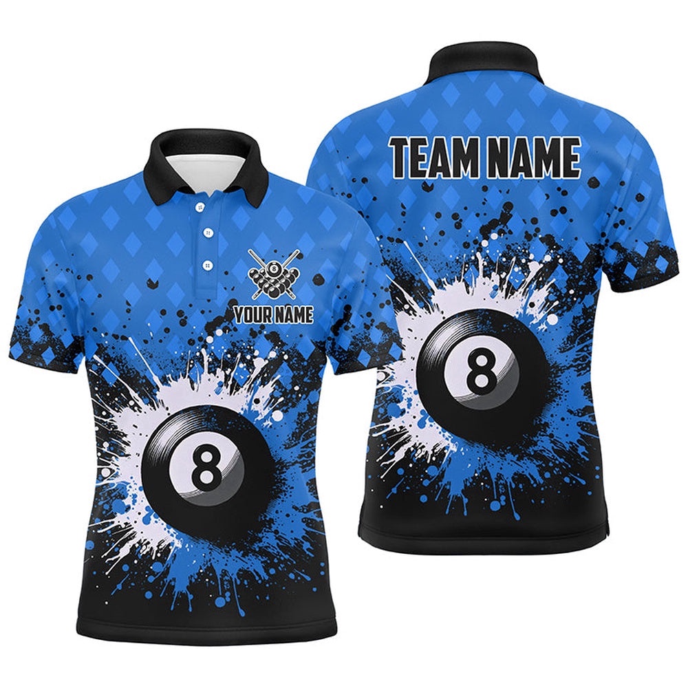 Blue Grunge 8 Ball Pool Billiards Polo Shirts Custom Billiard Team Polo Uniform, Personalized Billiard Polo Shirt Blue Grunge 8 Ball Pool Billiards Polo Shirts Custom Billiard Team Polo Uniform, Personalized Billiard Polo Shirt