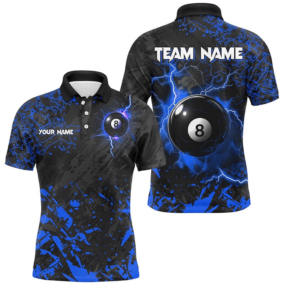 Blue Grunge 8 Ball Pool Thunder Lightning Polo Shirts Custom Team League Billiard Polo, Personalized Billiard Polo Shirt