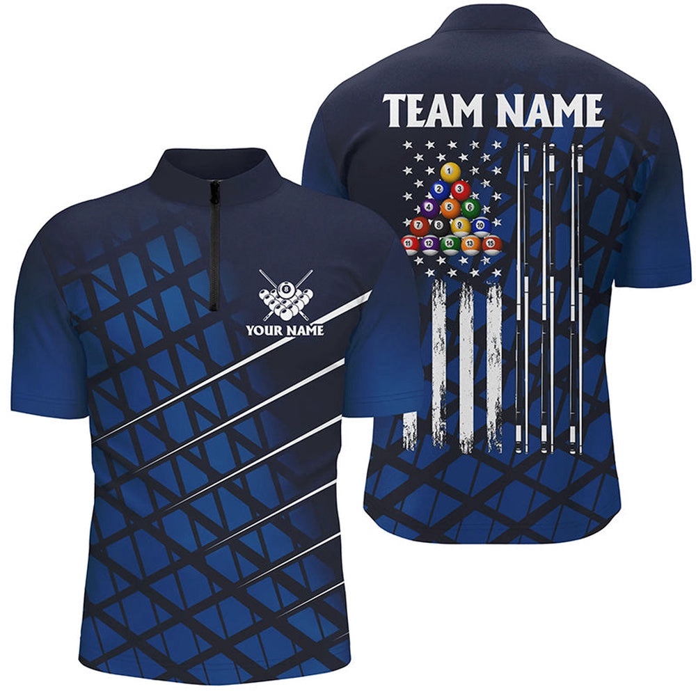 Blue Grunge American Flag Billiard Jersey Shirts Custom Pool Player Jersey Shirt, Personalized Billiard Team Jersey Shirt