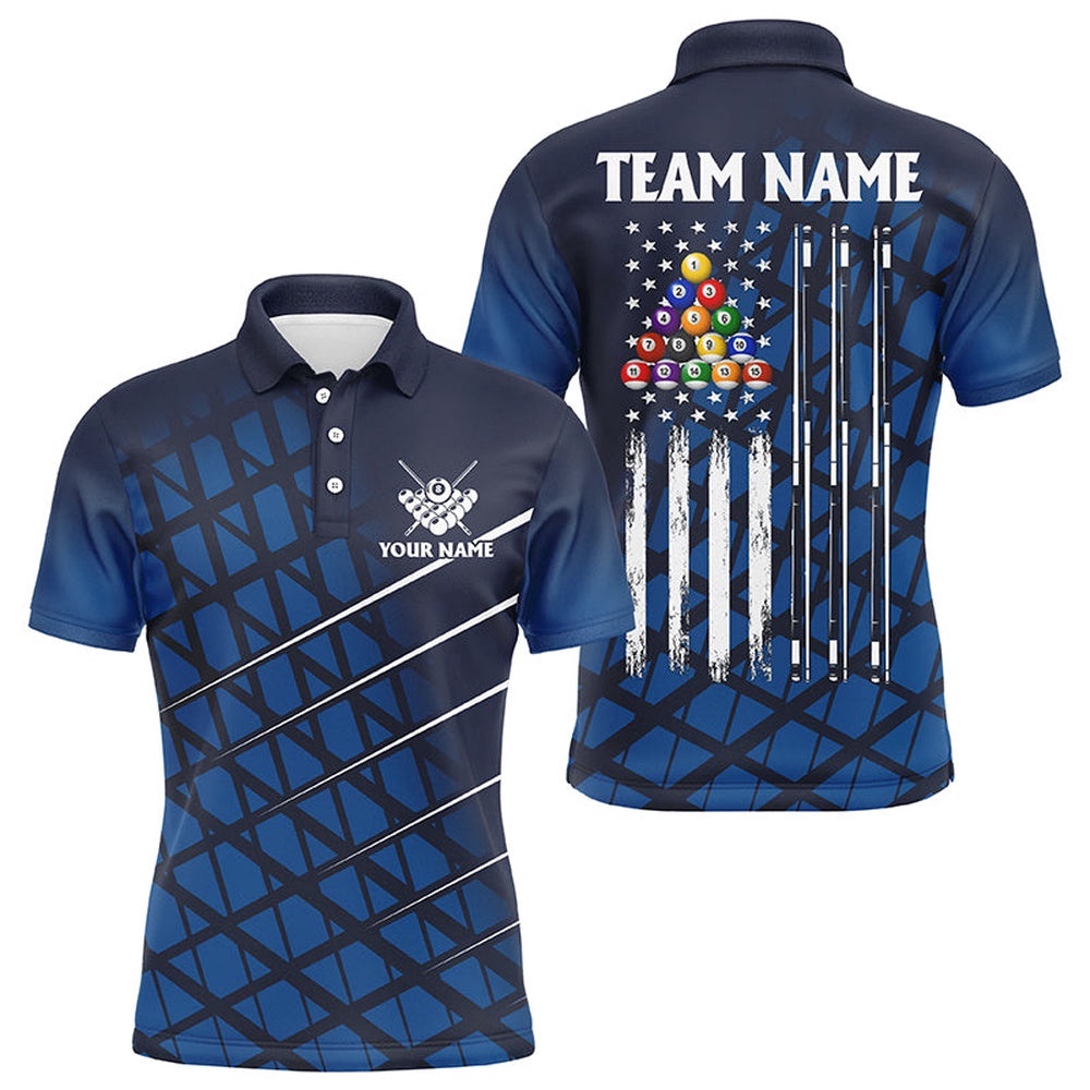 Blue Grunge American Flag Billiard Polo Shirts Custom Pool Player Polo Shirts, Personalized Billiard Polo Shirt