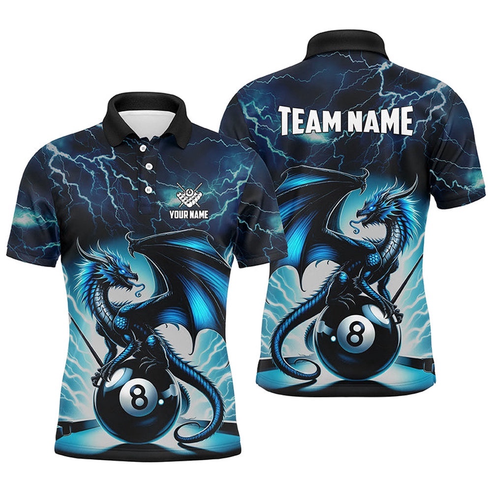 Blue Lightning Thunder Dragon 8 Ball Pool Polo Shirts Custom Billiard Team League Polo, Personalized Billiard Polo Shirt Blue Lightning Thunder Dragon 8 Ball Pool Polo Shirts Custom Billiard Team League Polo, Personalized Billiard Polo Shirt