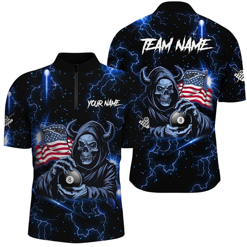 Blue Skull Thunder Lightning Us Flag Custom Billiard Shirts, Patriotic Billiard Team Jerseys, Personalized Billiard Team Jersey Shirt