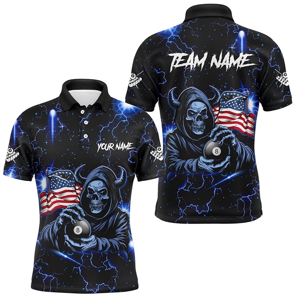 Blue Skull Thunder Lightning Us Flag Custom Billiard Shirts, Patriotic Billiard Team Polo, Personalized Billiard Polo Shirt Blue Skull Thunder Lightning Us Flag Custom Billiard Shirts, Patriotic Billiard Team Polo, Personalized Billiard Polo Shirt