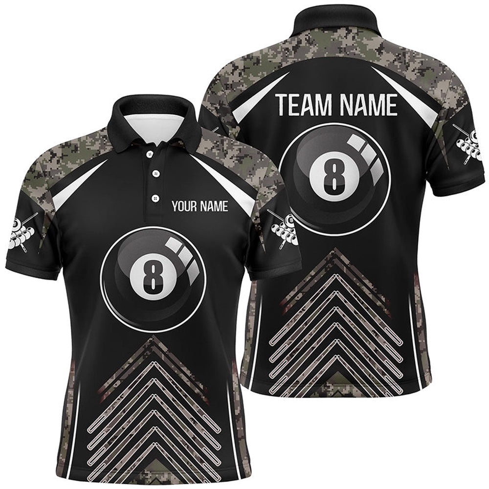 Camo Black Billiard 8 Ball Pool Polo Shirts, Personalized Billiard Polo Shirt