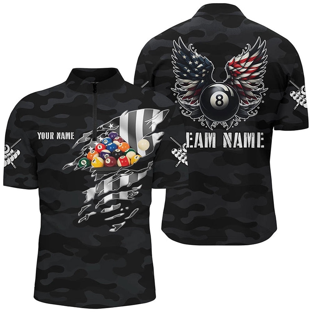 Camouflage US Flag Billiard Balls Shirts, Personalized Billiard Team Jersey Shirt