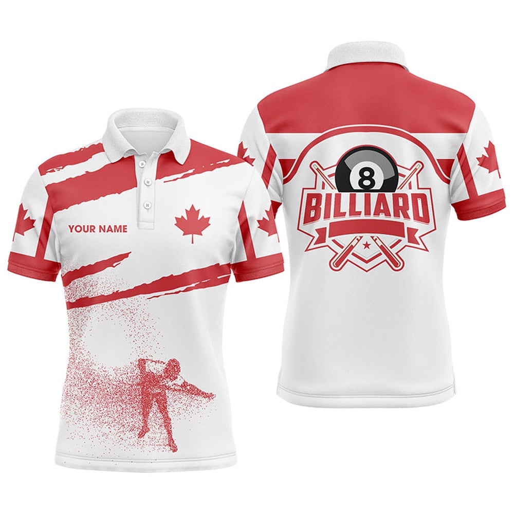 Canadian Flag Billiards Polo Shirts, Custom 8 Ball Billiard Pool Player Polo, Personalized Billiard Polo Shirt