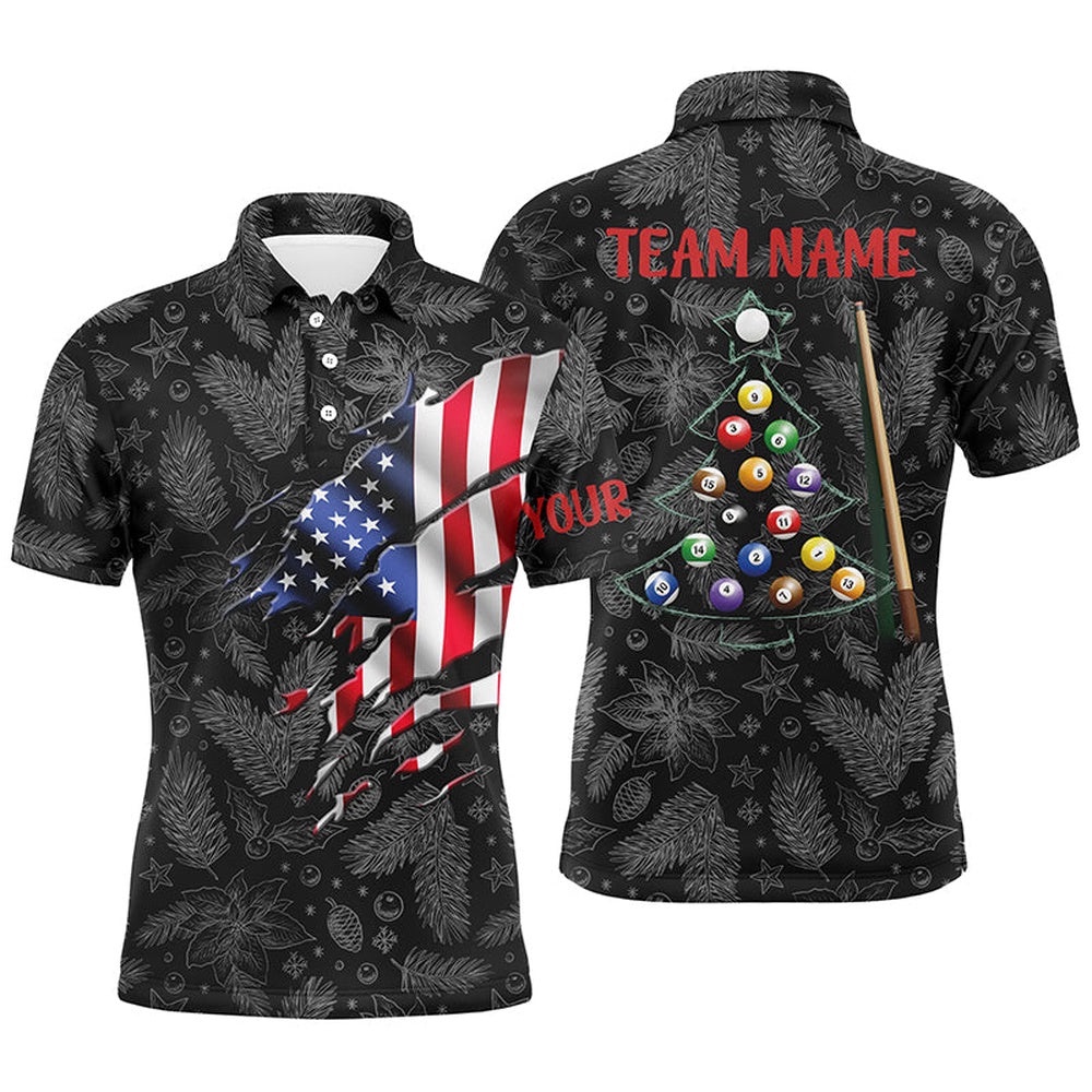 Christmas American Flag Billiard Polo Shirts Custom Patriotic Billiard Attire, Personalized Billiard Polo Shirt