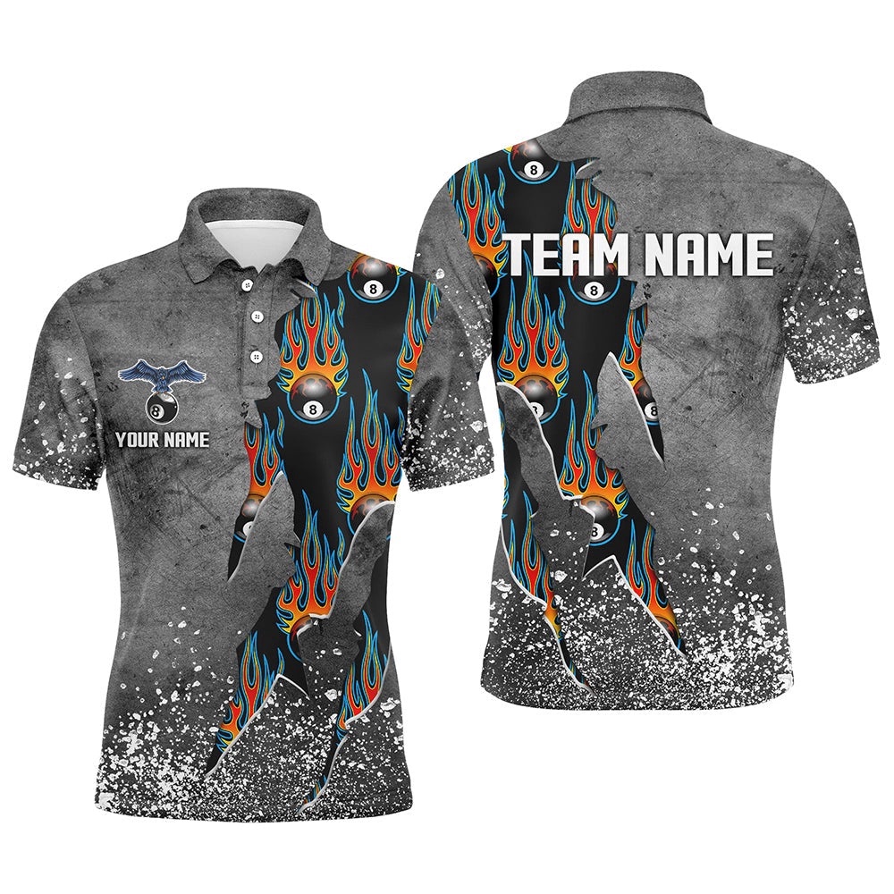 Custom Ball 8 Grey Grunge Billiard Shirts Best Custom Team Name Billiard Polo Blue, Personalized Billiard Polo Shirt