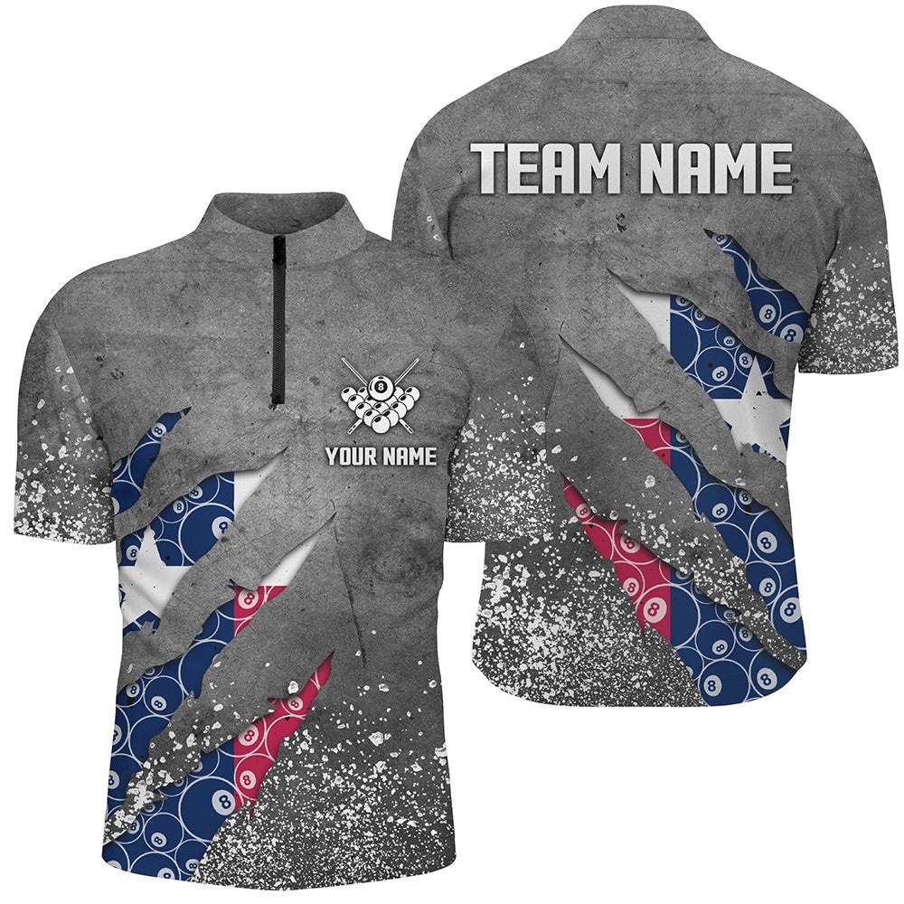 Custom Ball 8 Texas Flag Grey Grunge Billiard Jersey & 14 Zip Shirt Best Billiard Team Jersey, Personalized Billiard Team Jersey Shirt