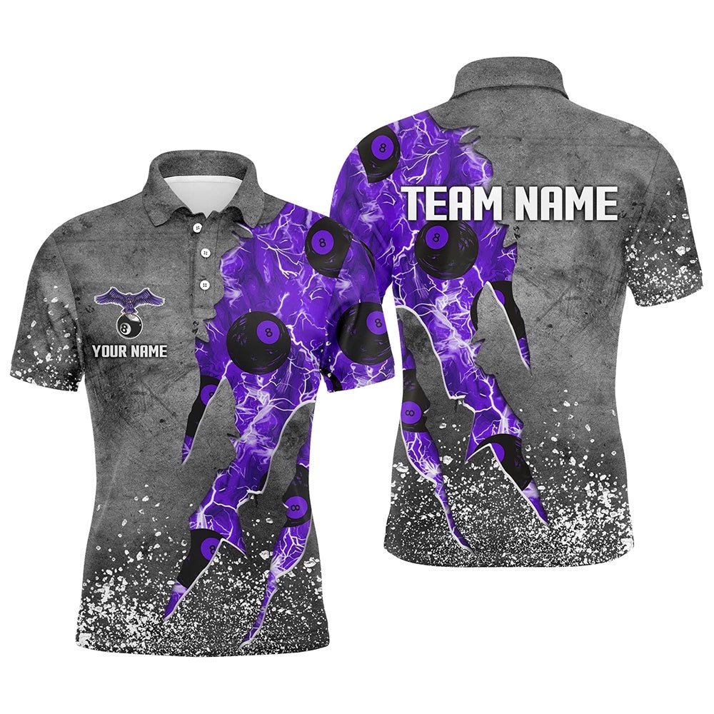 Custom Ball 8 Thunder Lighting Grunge Billiard Shirts Best Billiard Team Poloâ Purple, Personalized Billiard Polo Shirt