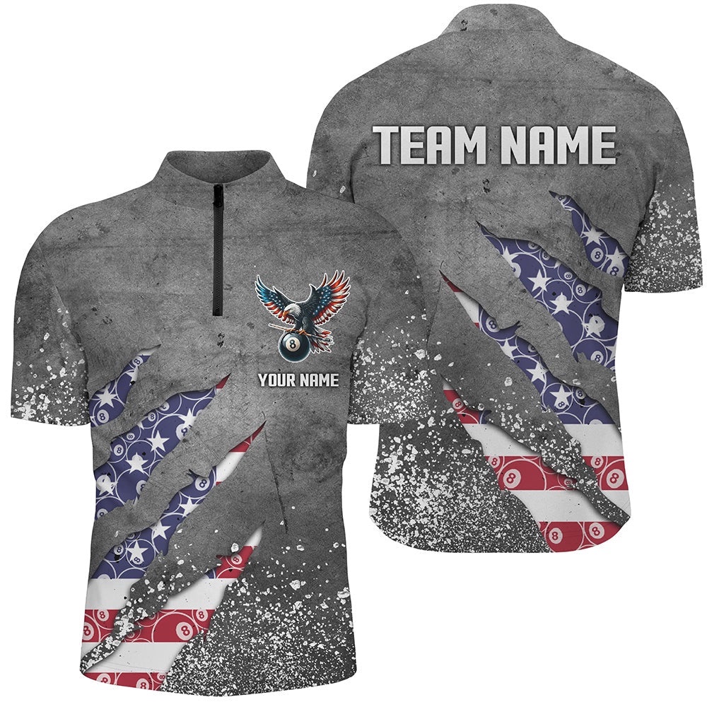Custom Ball 8 Us Flag Grey Grunge Billiard Jersey Shirt Best Billiard Team Jersey, Personalized Billiard Team Jersey Shirt