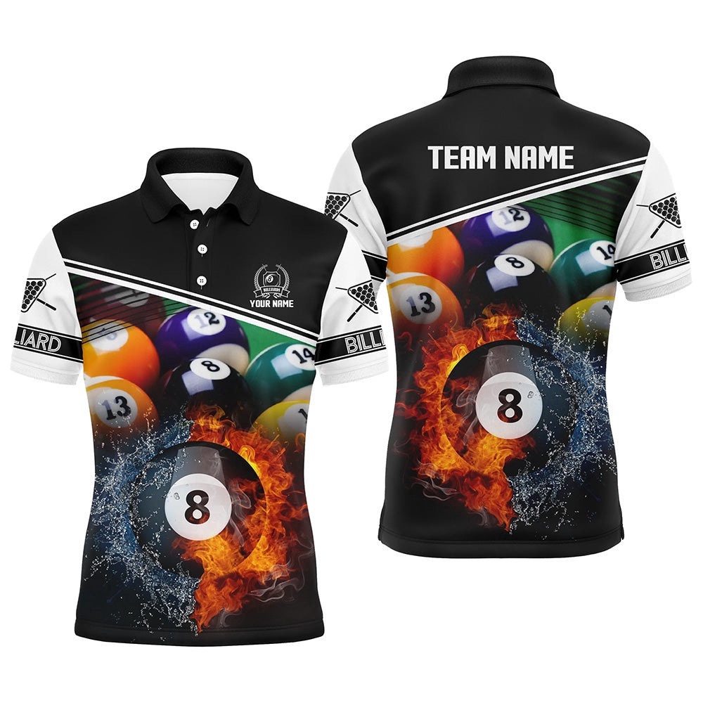 Custom Billiard 8 Ball In Fire And Water 3D Black Polo Shirts, Gifts For Billiard Player, Personalized Billiard Polo Shirt
