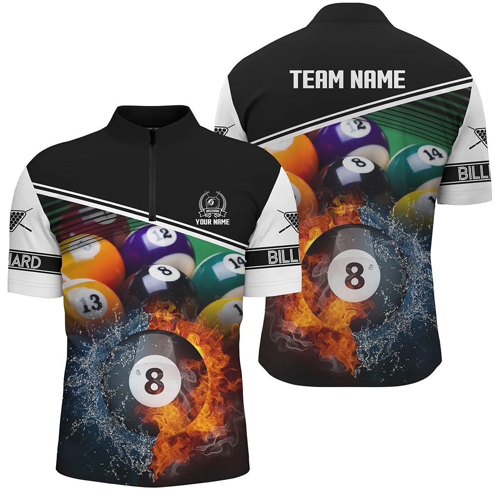 Custom Billiard 8 Ball Water Fire 3D Black Jersey Shirt, Gift For Billiard Player, Personalized Billiard Team Jersey Shirt