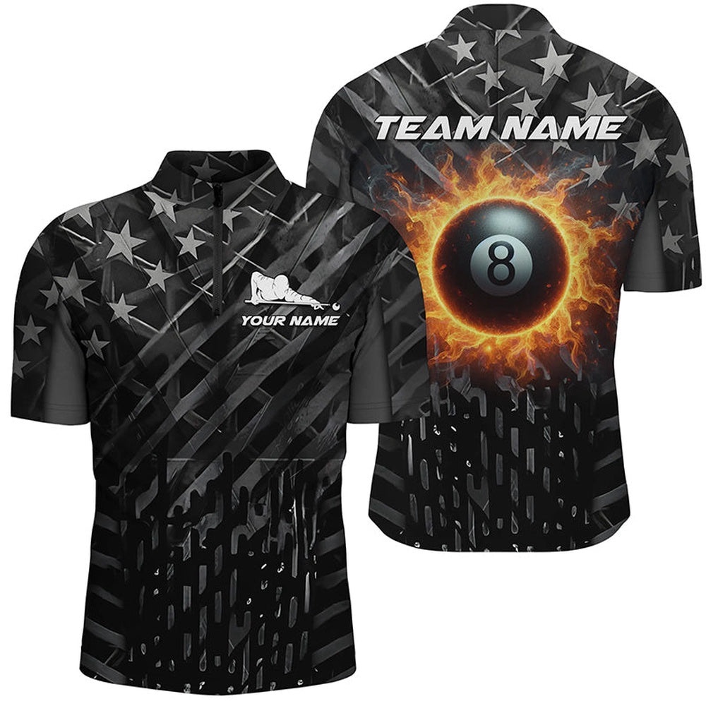 Custom Black Us Flag 8 Ball Fire Billiard Jersey Shirt Patriotic Pool Team Jersey, Personalized Billiard Team Jersey Shirt