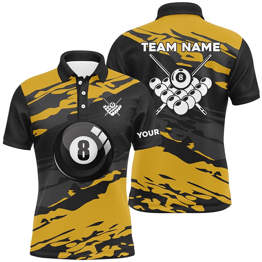 Custom Black Yellow Camouflage Billiard Polo Shirts Best 8 Ball Billiard Pool Shirts, Personalized Billiard Polo Shirt Custom Black Yellow Camouflage Billiard Polo Shirts Best 8 Ball Billiard Pool Shirts, Personalized Billiard Polo Shirt