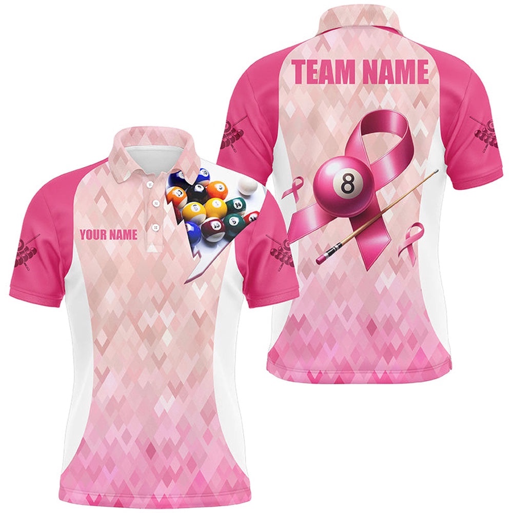 Custom Breast Cancer Pink Ribbon Billiard Shirts, Breast Cancer Awareness Billiard Polo, Personalized Billiard Polo Shirt