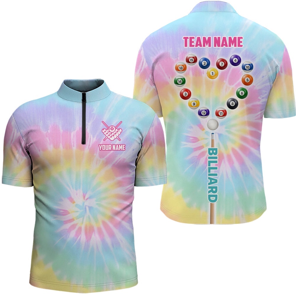 Custom Colorful Tie Dye Heart Unique Billiard Shirt Gifts, Personalized Billiard Team Jersey Shirt
