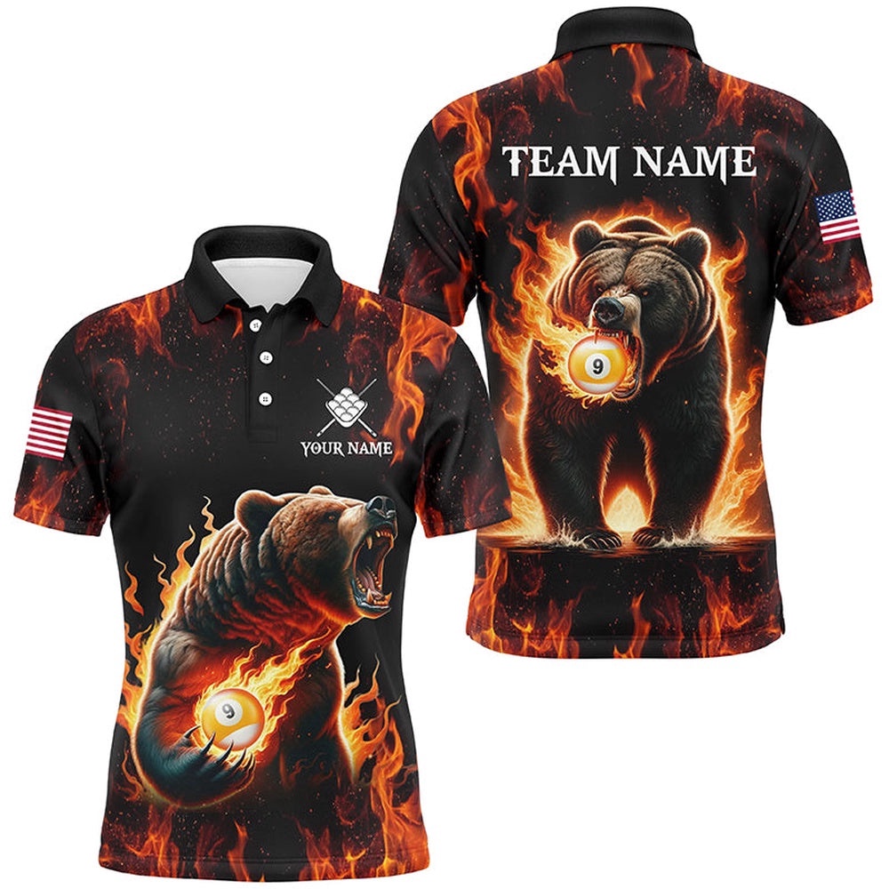 Custom Funny Bear & 9 Ball Pool Fire Flame Polo & Polo Shirts, Unique Billiard Attire, Personalized Billiard Polo Shirt