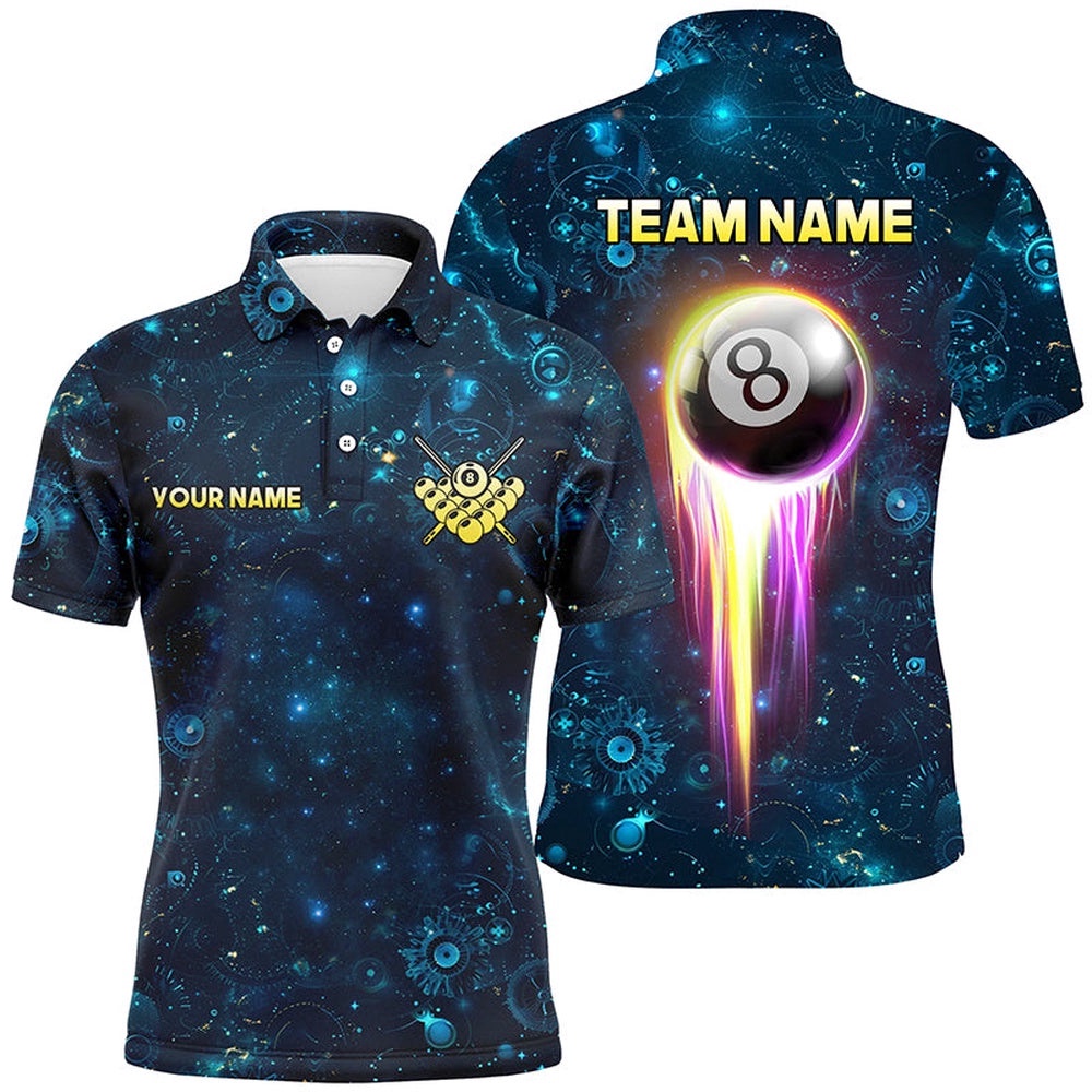Custom Galaxy Blue Billiard Polo & Polo Shirts, Glowing 8 Ball Pool Billiard Attire, Personalized Billiard Polo Shirt