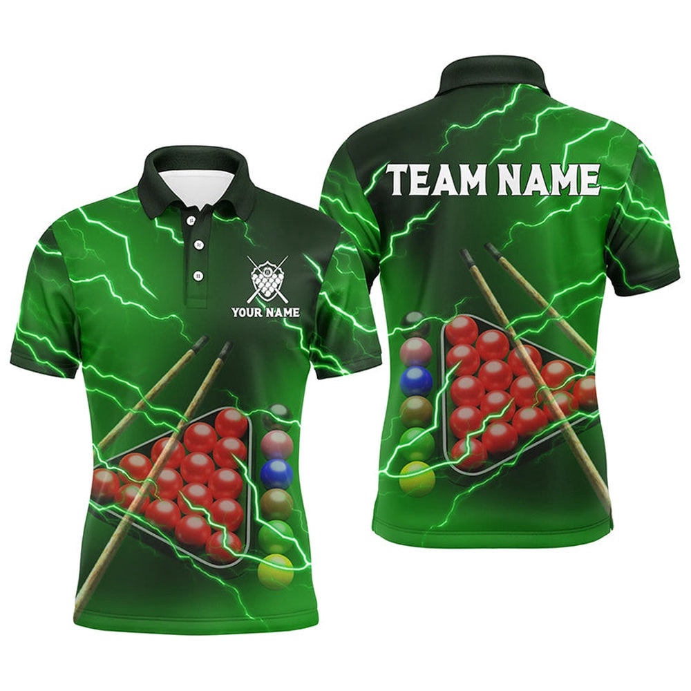 Custom Green Thunder Lightning Billiard Polo Shirts Perfect Billiard Team Shirts For Player, Personalized Billiard Polo Shirt