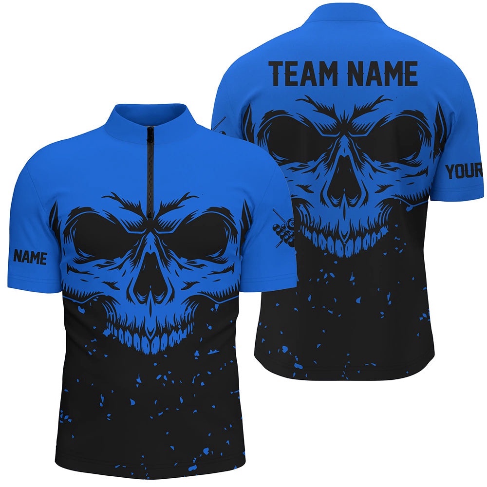 Custom Grunge Black Blue Skull 8 Ball Billiards Apparel Clothing, Personalized Billiard Team Jersey Shirt