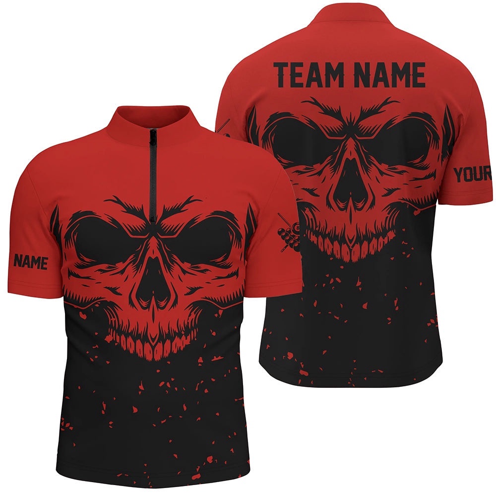 Custom Grunge Black Red Skull 8 Ball Billiards Apparel Clothing, Personalized Billiard Team Jersey Shirt