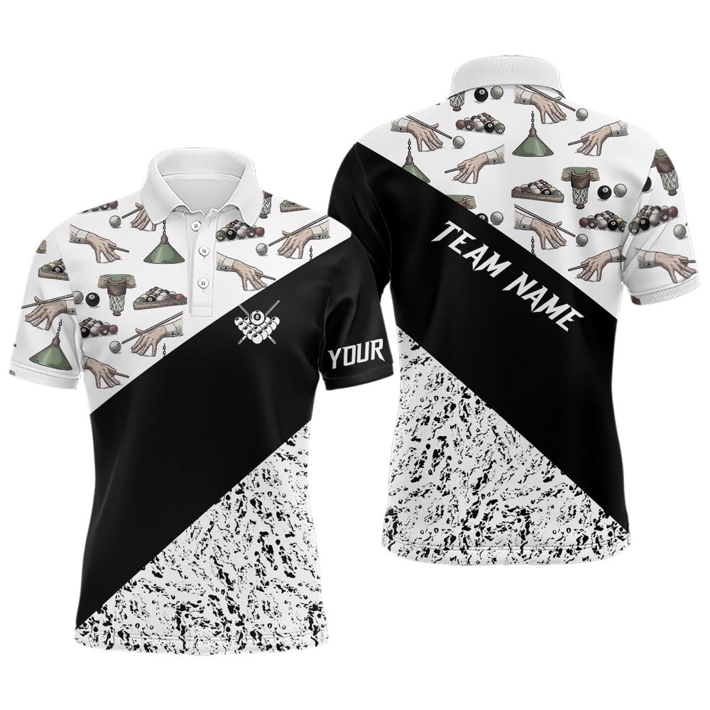 Custom Grunge Black White Full Printing Best Billiard Shirts Design, Personalized Billiard Polo Shirt Custom Grunge Black White Full Printing Best Billiard Shirts Design, Personalized Billiard Polo Shirt