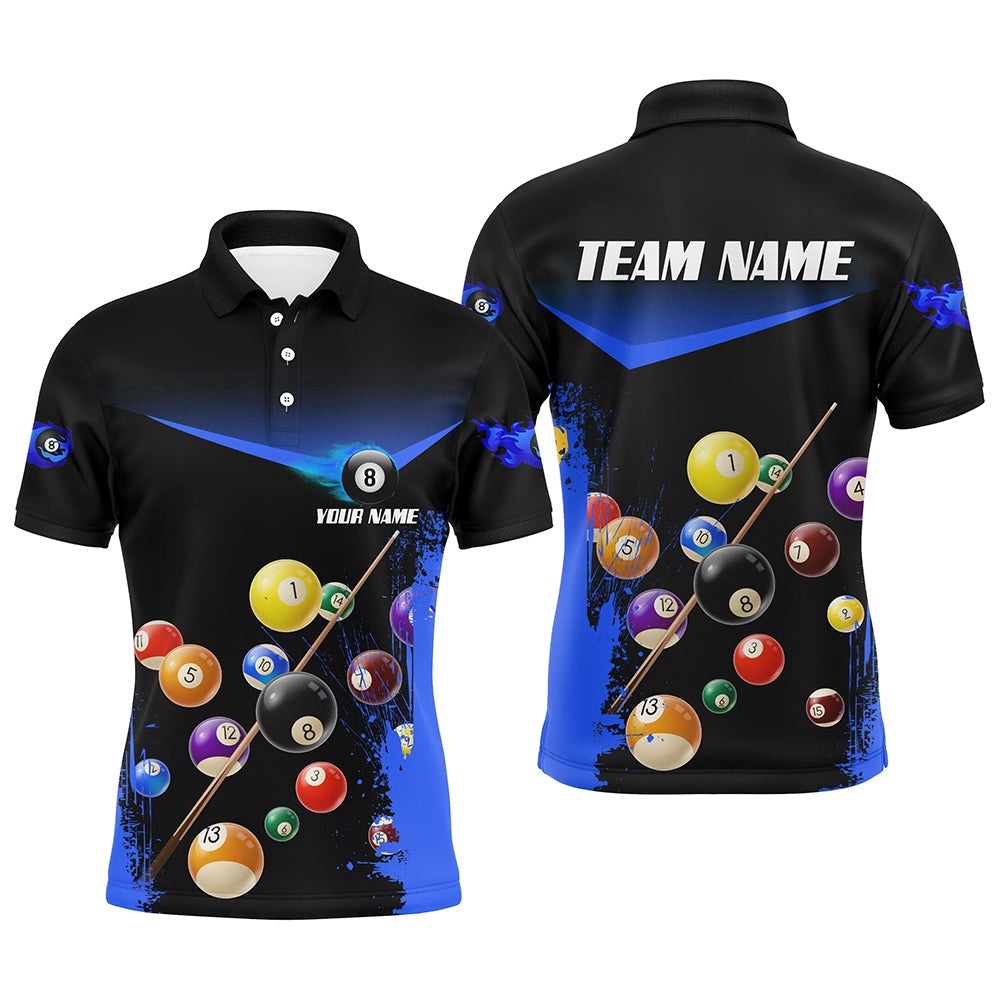 Custom Grunge Blue 8 Ball Pool Polo Shirts Name 3D Billiard Shirts For Pooler, Personalized Billiard Polo Shirt