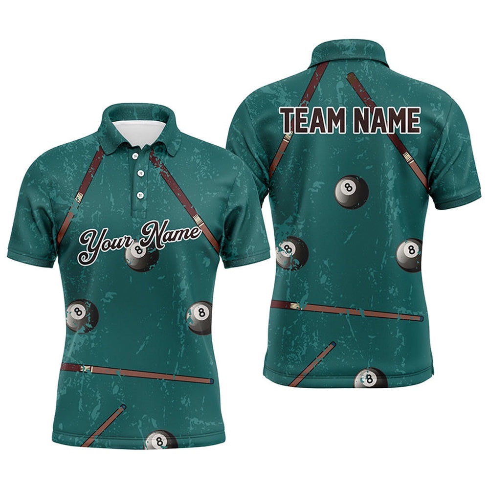 Custom Grunge Green Billiard Full Printing Polo Shirts Custom Name Vintage Billiard Shirts, Personalized Billiard Polo Shirt