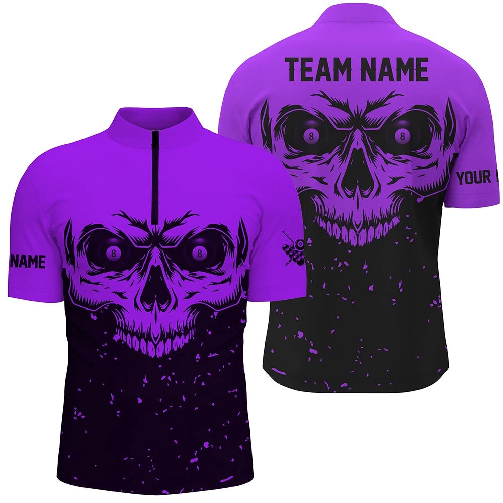 Custom Grunge Purple Black Skull Billiard Jerseys Shirts, 8 Ball Billiards Apparel Clothing, Personalized Billiard Team Jersey Shirt