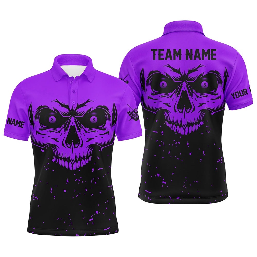 Custom Grunge Purple Black Skull Billiard Polo Shirts, 8 Ball Billiards Apparel Clothing, Personalized Billiard Polo Shirt