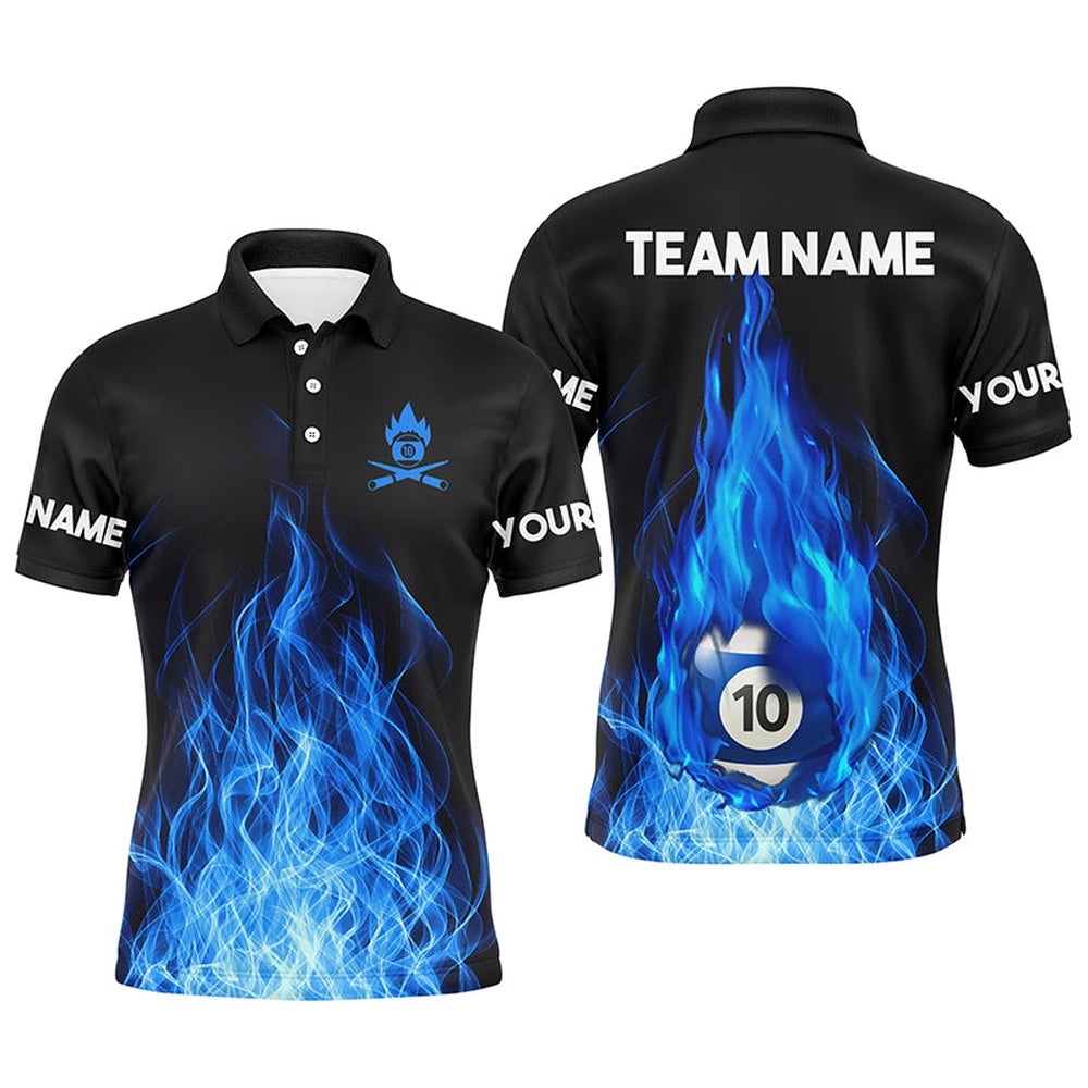 Custom Name Blue Flaming Billiard 3D Polo Shirts Custom Billiard 10 Ball Pool For Team, Personalized Billiard Polo Shirt