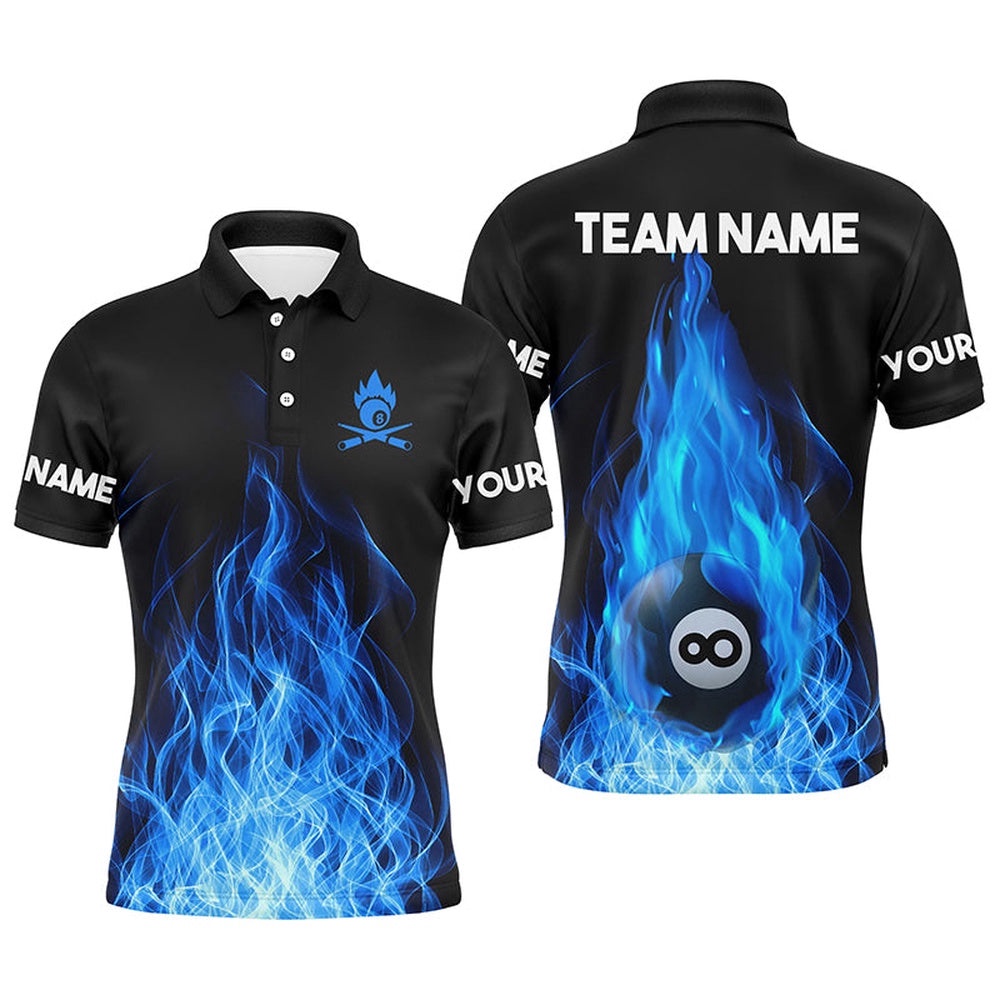 Custom Name Blue Flaming Billiard 3D Polo Shirts Custom Billiard 8 Ball For Team, Personalized Billiard Polo Shirt Custom Name Blue Flaming Billiard 3D Polo Shirts Custom Billiard 8 Ball For Team, Personalized Billiard Polo Shirt