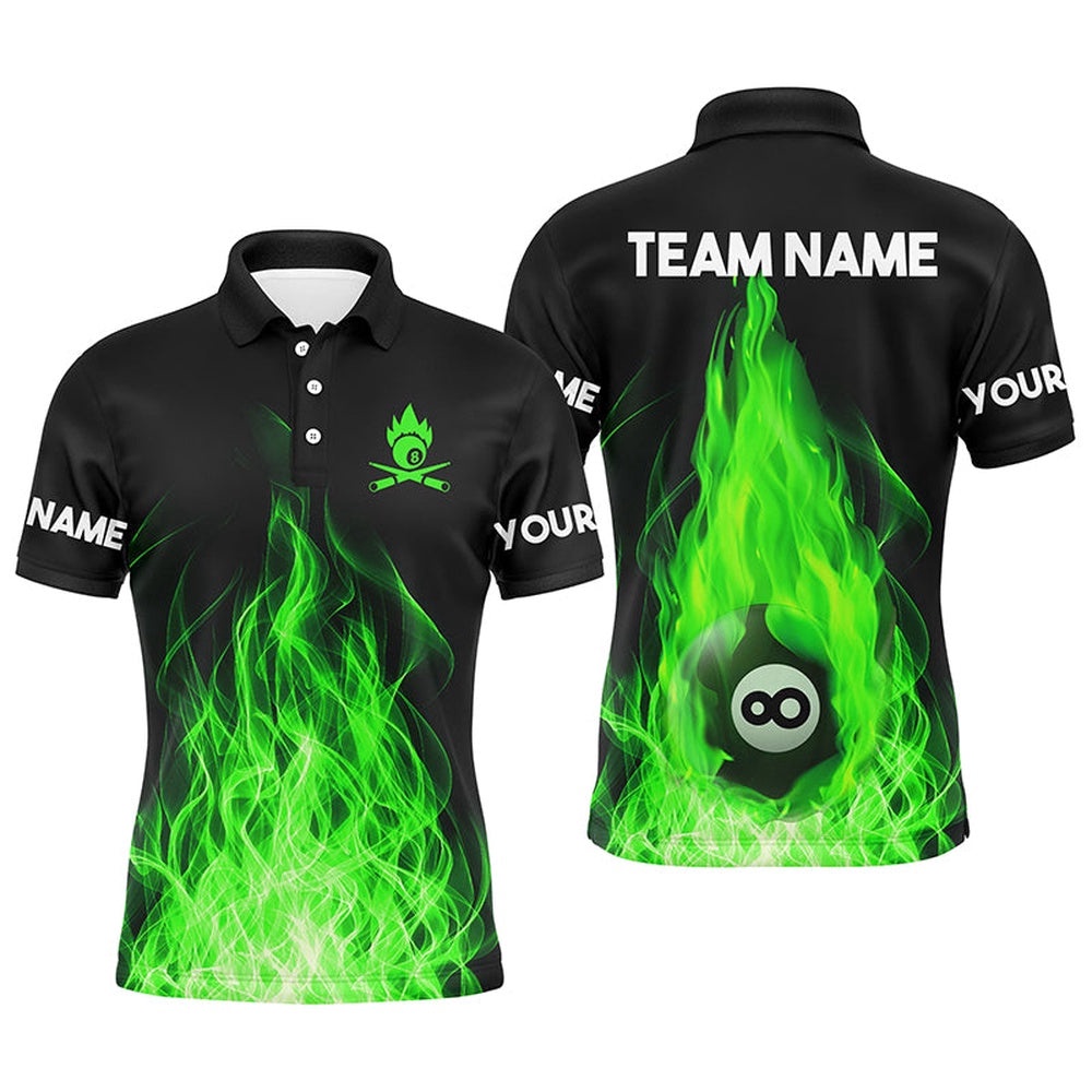 Custom Name Green Flaming Billiard 3D Polo Shirts Custom Billiard 8 Ball For Team, Personalized Billiard Polo Shirt Custom Name Green Flaming Billiard 3D Polo Shirts Custom Billiard 8 Ball For Team, Personalized Billiard Polo Shirt