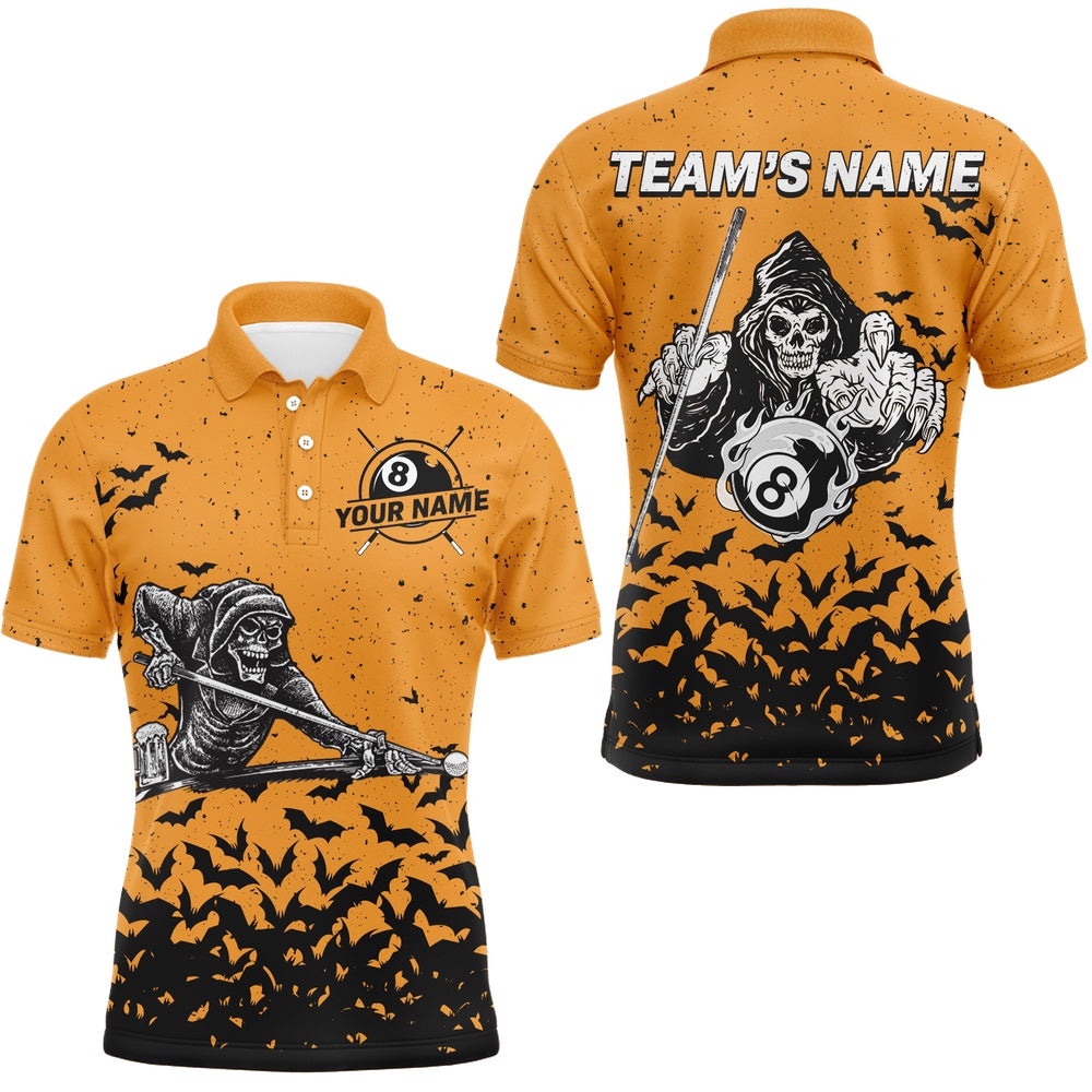 Custom Name Orange Skeleton Billiard Polo Shirts Best Halloween Billiard Gifts For Player, Personalized Billiard Polo Shirt Custom Name Orange Skeleton Billiard Polo Shirts Best Halloween Billiard Gifts For Player, Personalized Billiard Polo Shirt
