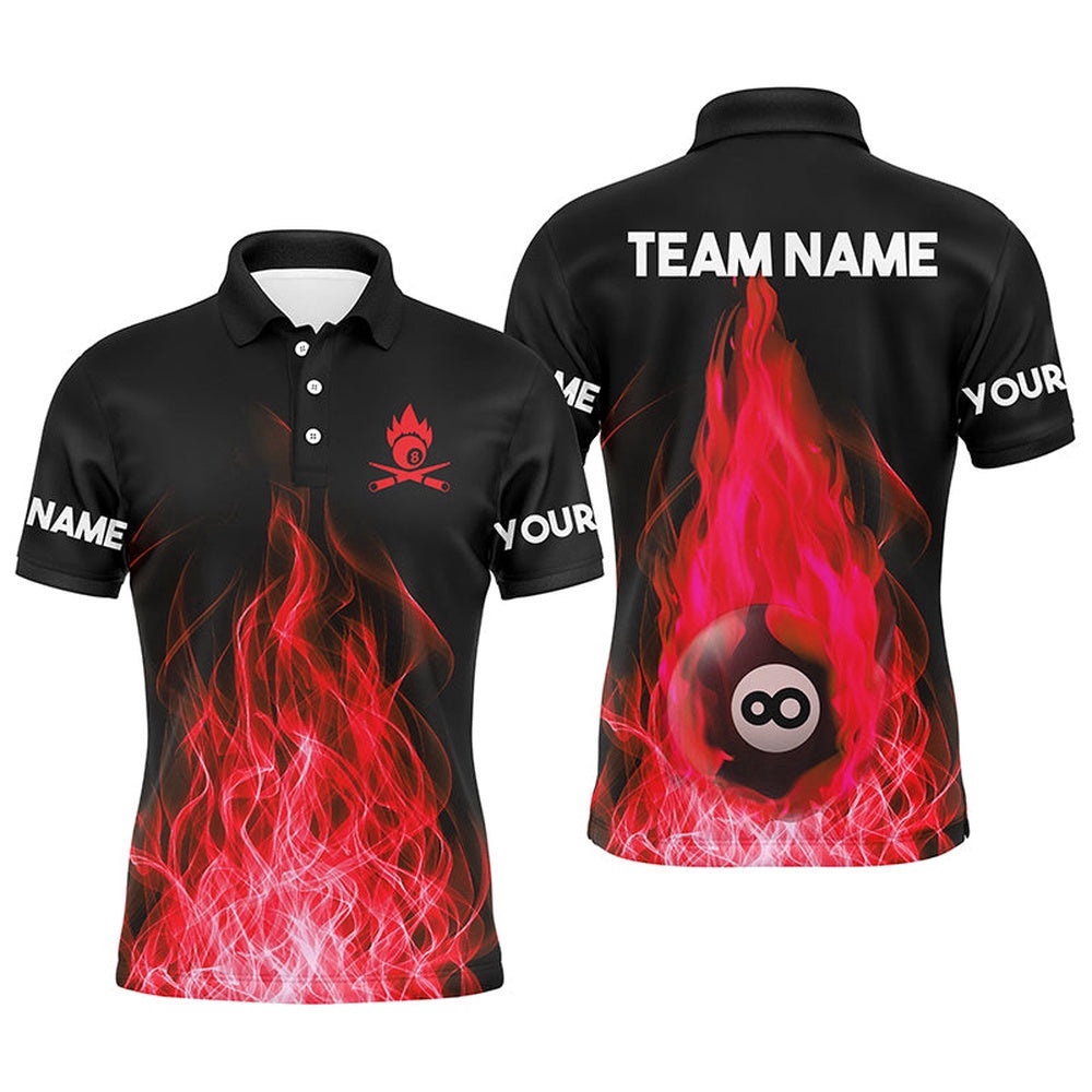 Custom Name Red Flaming Billiard 3D Polo Shirts Custom Billiard 8 Ball For Team, Personalized Billiard Polo Shirt