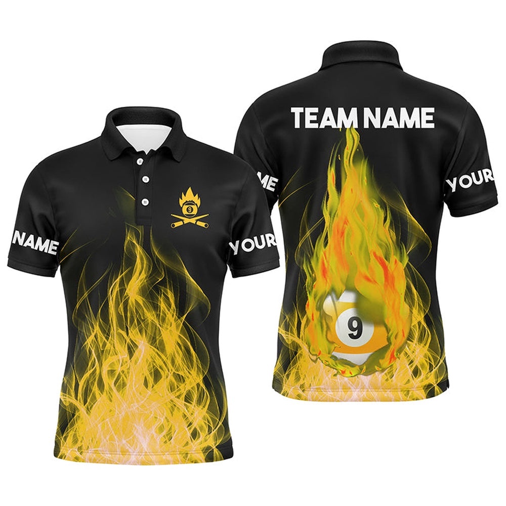 Custom Name Yellow Flaming Billiard 3D Polo Shirts Custom Billiard 9 Ball Pool For Team, Personalized Billiard Polo Shirt