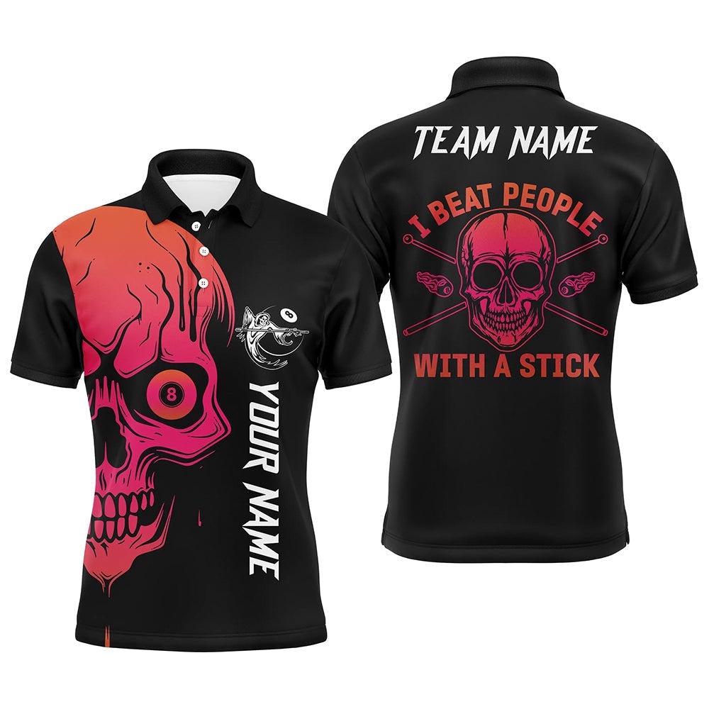 Custom Pink Skull Billiard I Beat People With A Stick Name Polo Shirts, Personalized Billiard Polo Shirt
